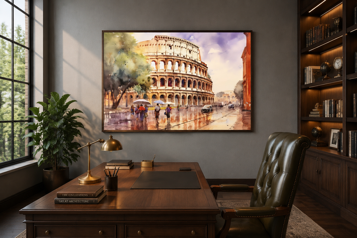 Vintage watercolor framed canvas wall art of the Colosseum in Rome hanging in a home office.