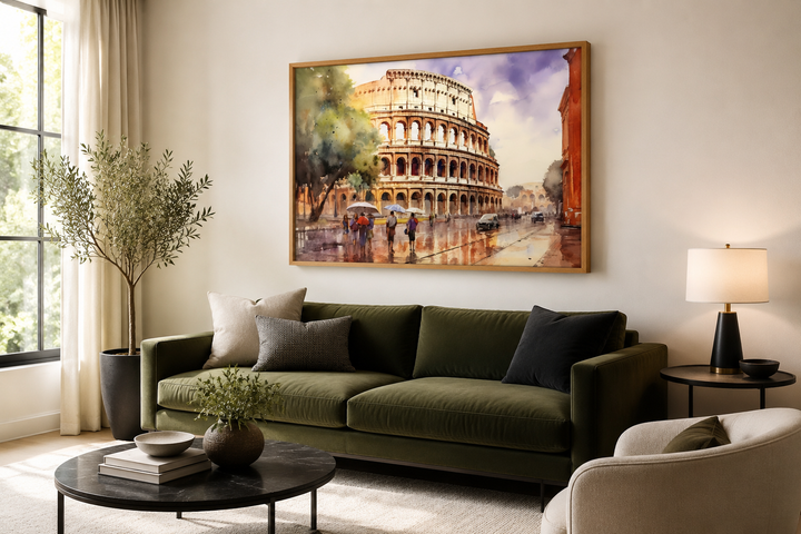Watercolor painting of the Colosseum in a wooden frame above a green sofa in a living room.