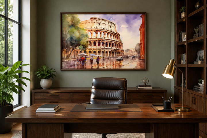 Vintage watercolor framed canvas wall art of the Colosseum in Rome above a dark wood office desk.