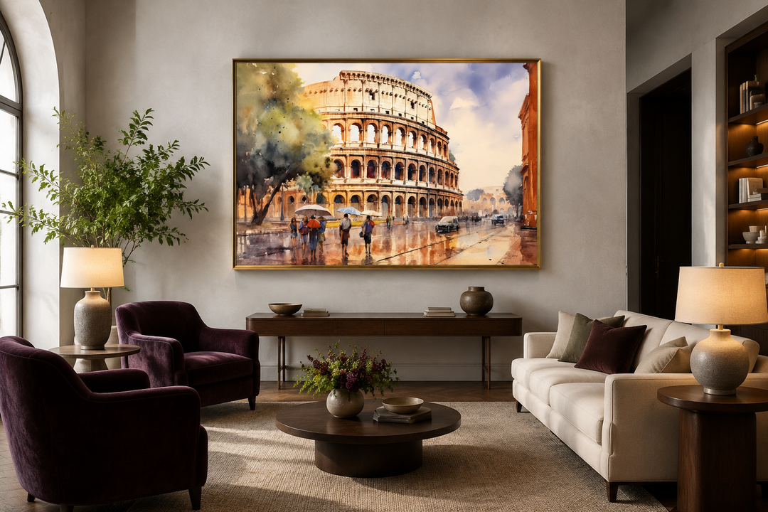 Vintage framed watercolor canvas wall art of the Colosseum on a Rome street in a living room.