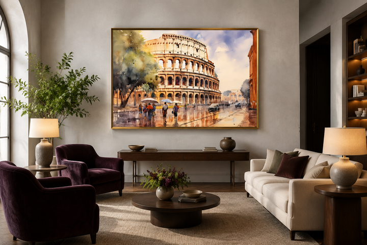 Vintage framed watercolor canvas wall art of the Colosseum on a Rome street in a living room.