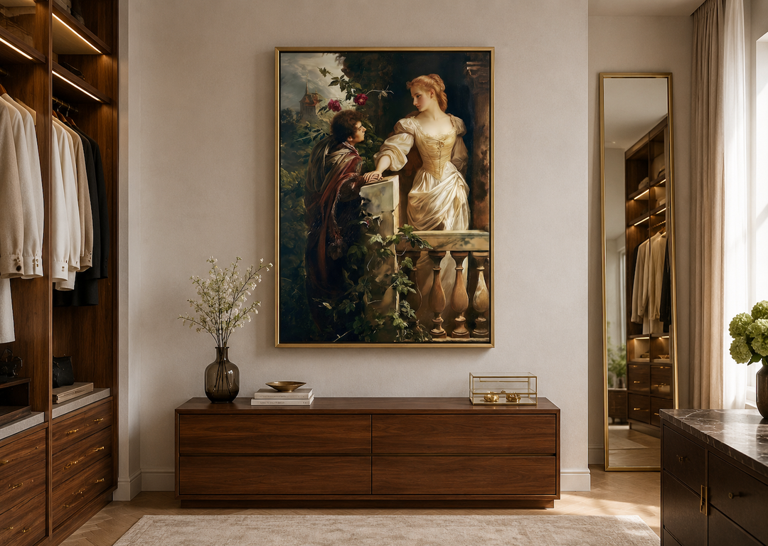 Romeo and Juliet balcony scene vintage painting in a gold frame above a dark wood dresser.