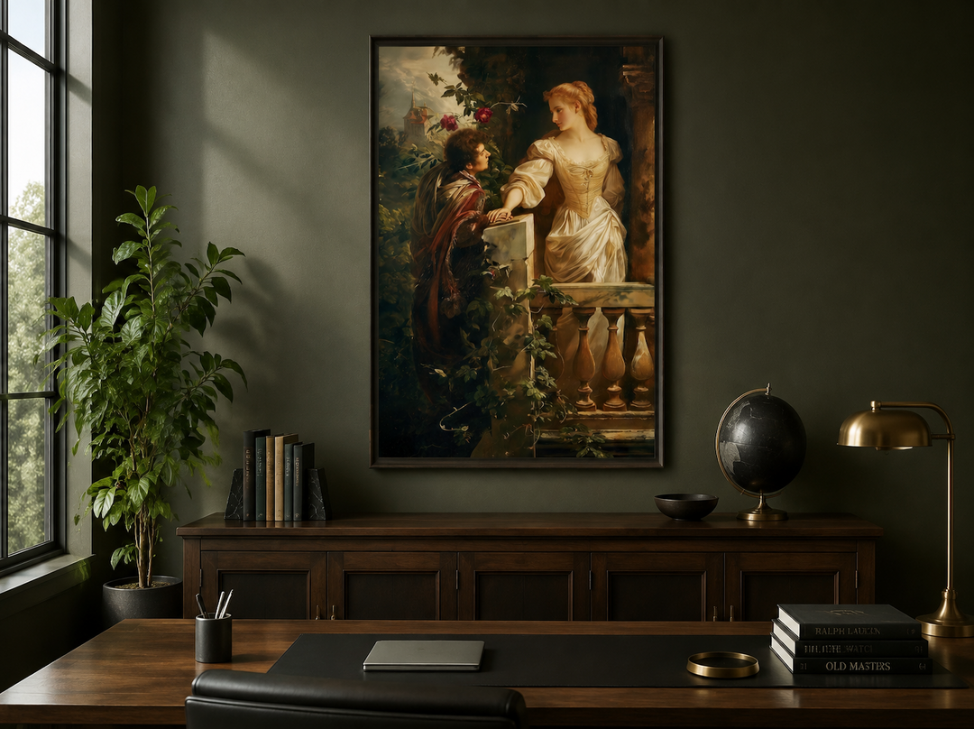 Romeo and Juliet balcony scene vintage painting in a dark academia library setting.