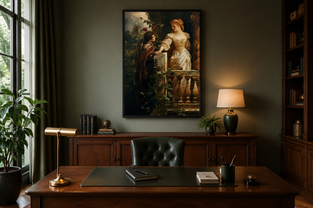 Romeo and Juliet balcony scene vintage painting in a dark academia library setting.