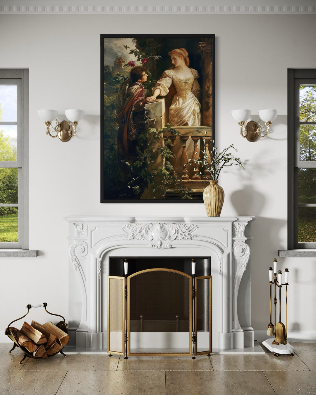 Romeo and Juliet balcony scene vintage painting in a black frame above a white ornate fireplace.