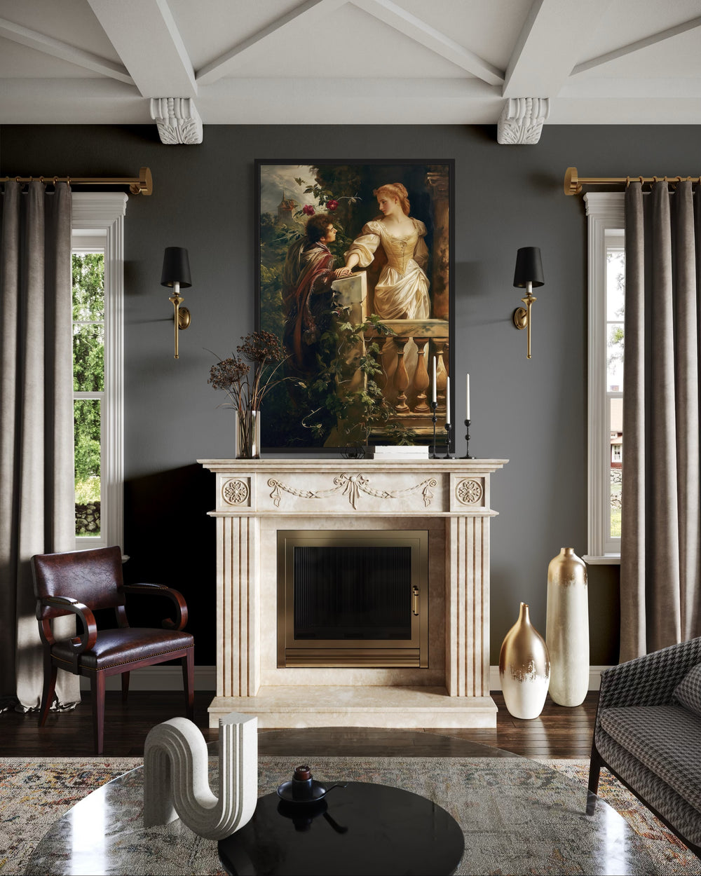 Romeo and Juliet balcony scene vintage painting in a black frame above a marble fireplace.