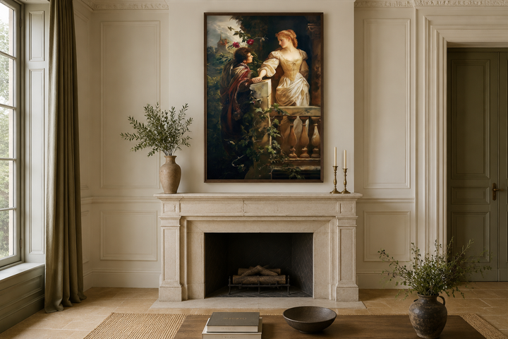Romeo and Juliet balcony scene vintage painting in a dark wood frame above a stone fireplace.