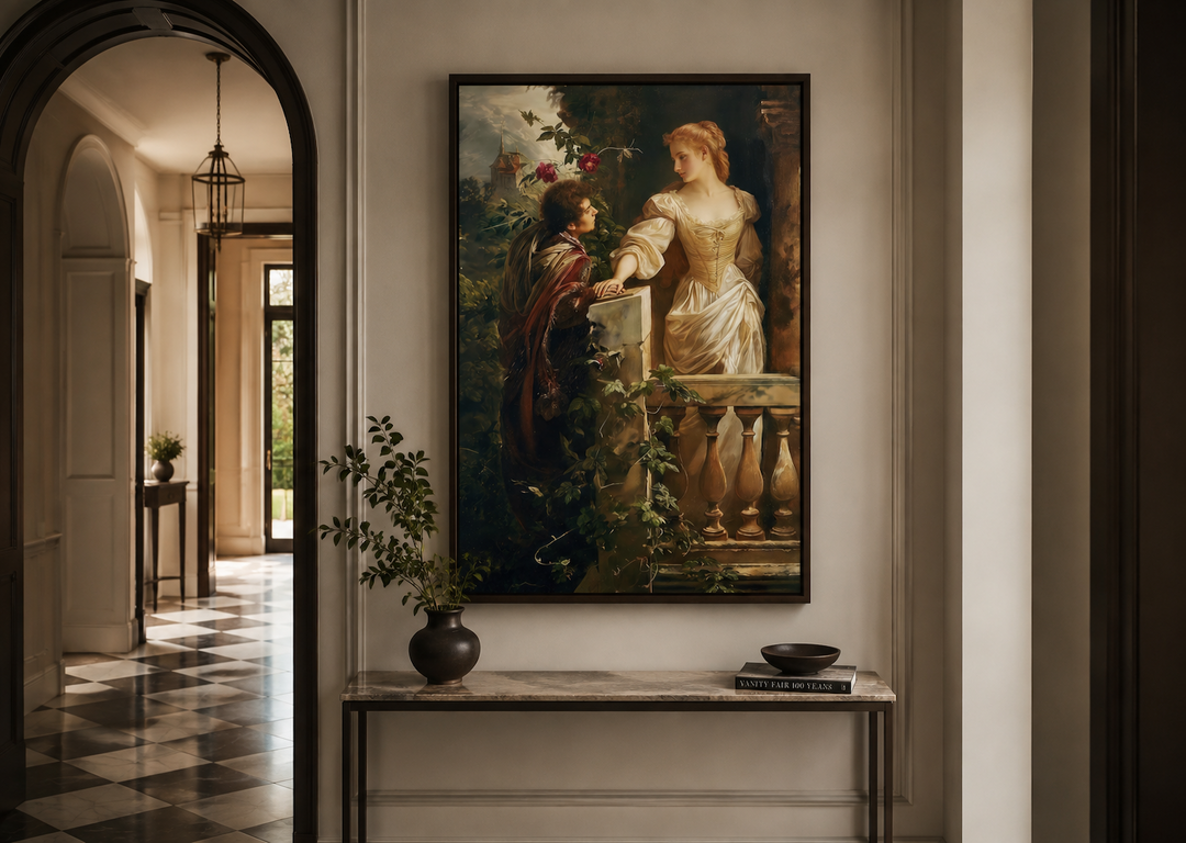 Romeo and Juliet balcony scene vintage painting in a dark frame above a marble console table.