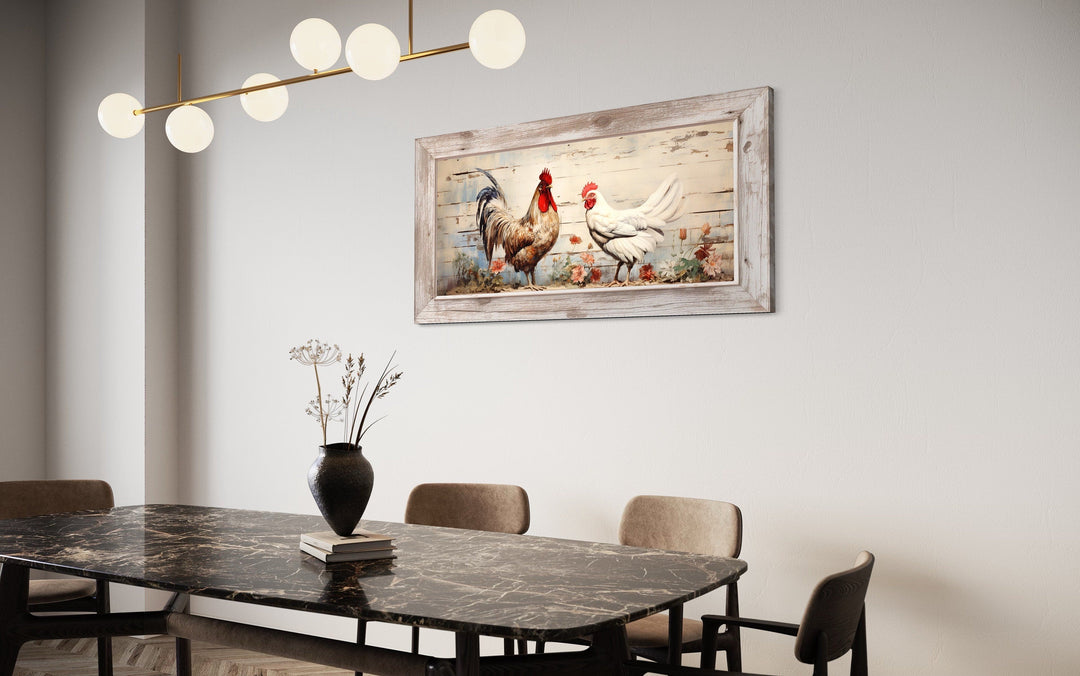 Rooster And Hen At Chicken Farm Farmhouse Framed Canvas Wall Art