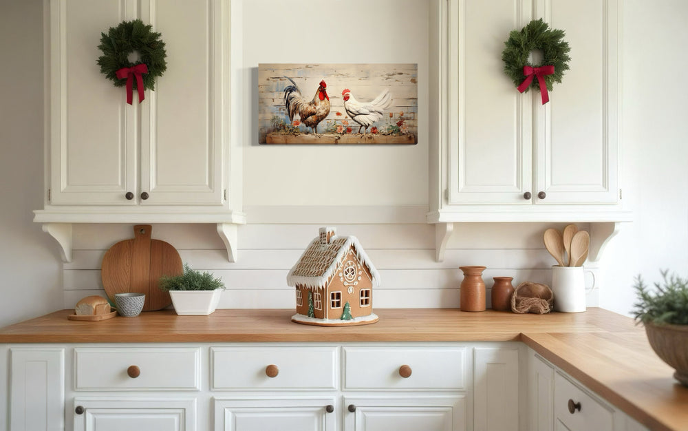Farmhouse Wall Decor - Rooster And Hen At Chicken Farm Farmhouse Framed Canvas Wall Art