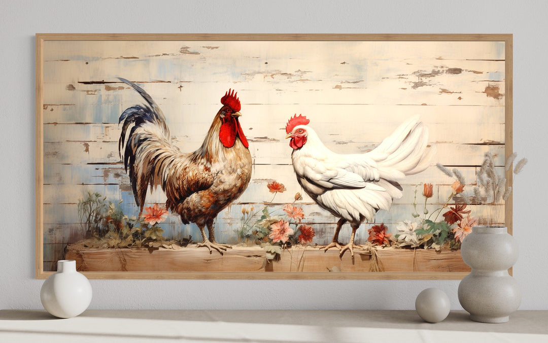 Rooster And Hen At Chicken Farm Farmhouse Framed Canvas Wall Art