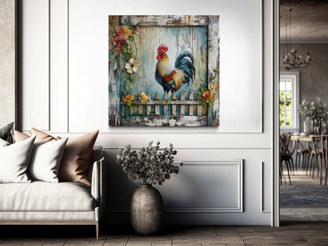 Rustic framed canvas wall art of a colorful rooster on a fence in a farmhouse-style living room.