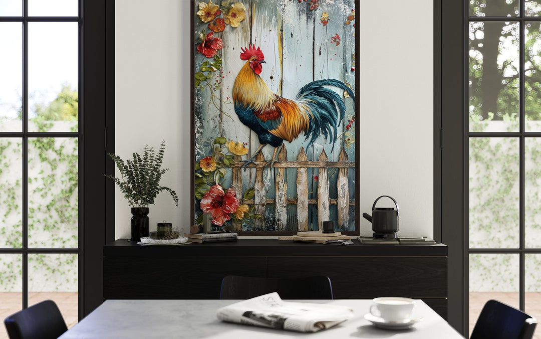 Rooster On The Fence Rustic Farmhouse Framed Canvas Wall Art