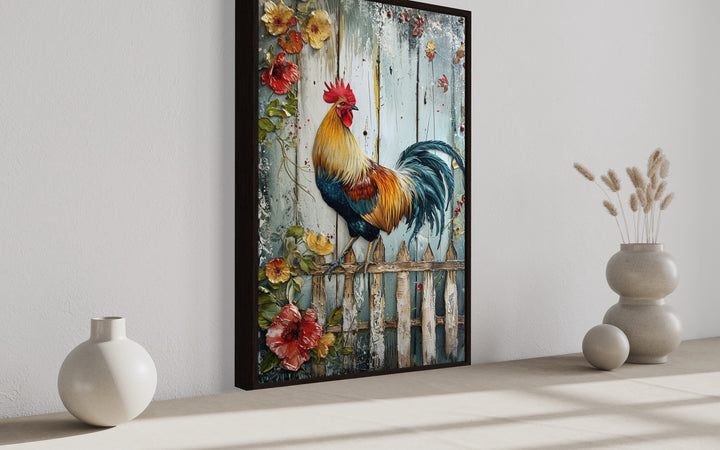 Rooster On The Fence Rustic Farmhouse Framed Canvas Wall Art