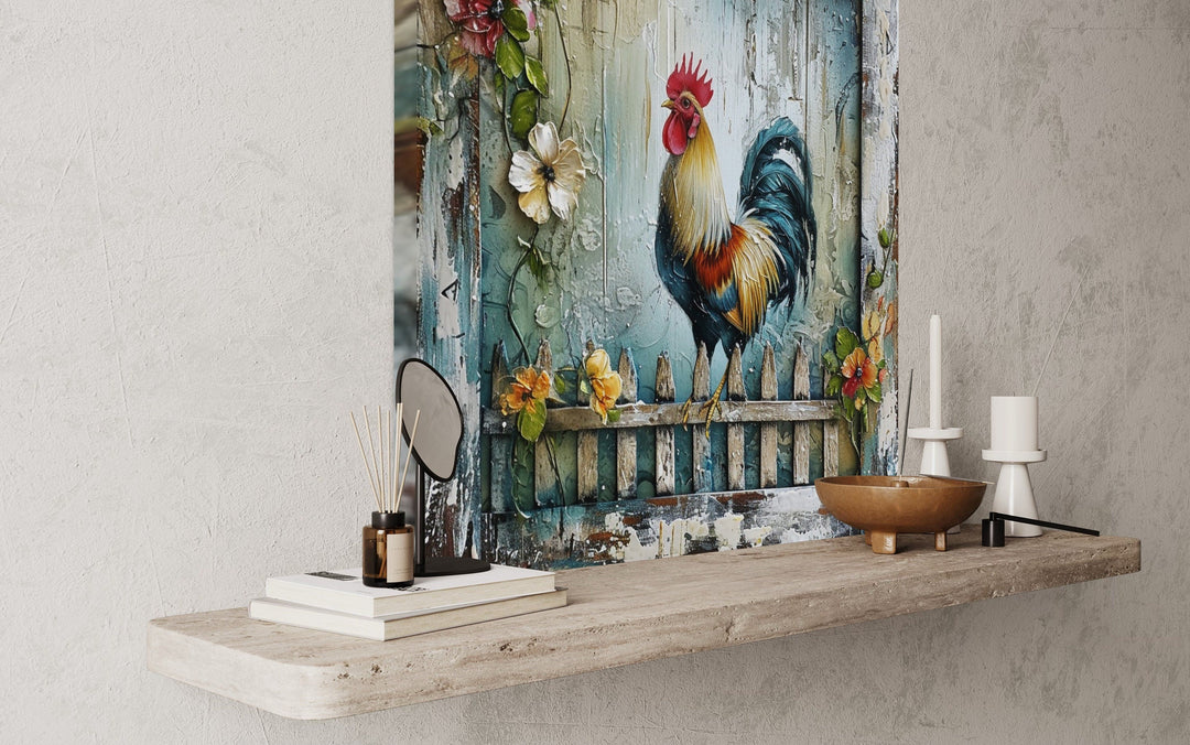 Rooster On The Fence Rustic Farmhouse Framed Canvas Wall Art