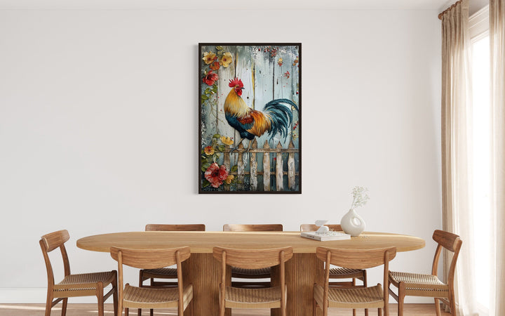 Rooster On The Fence Rustic Farmhouse Framed Canvas Wall Art