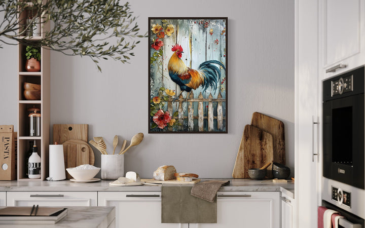 Rooster On The Fence Rustic Farmhouse Framed Canvas Wall Art