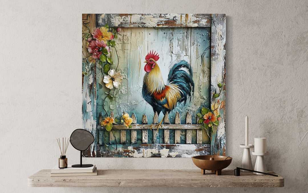 Rooster On The Fence Rustic Farmhouse Framed Canvas Wall Art