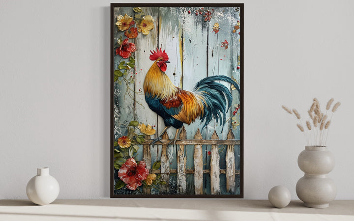 Rooster On The Fence Rustic Farmhouse Framed Canvas Wall Art