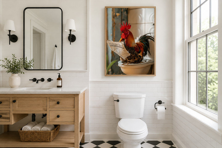 Framed canvas art of a rooster sitting on a toilet reading a newspaper in a farmhouse bathroom.