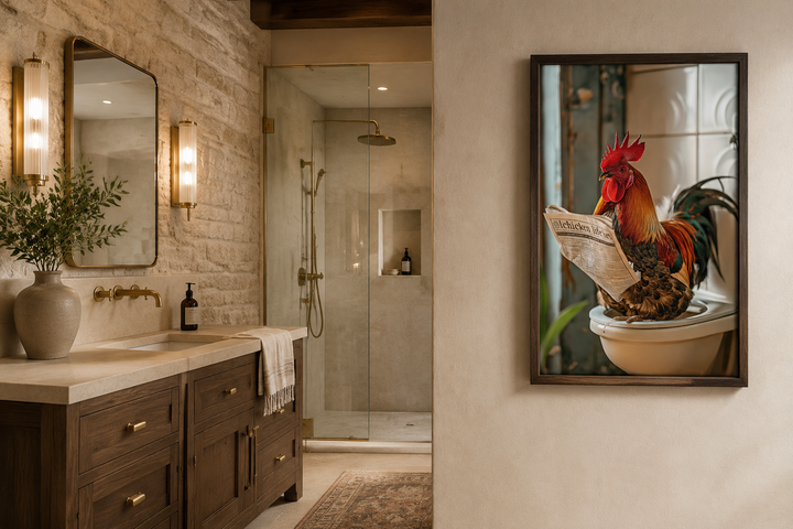 Framed canvas wall art of a rooster sitting on a toilet reading a newspaper in a rustic bathroom.