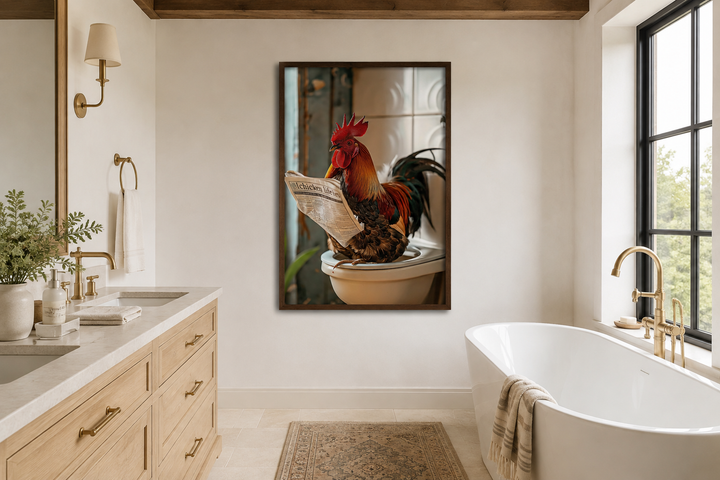 Framed canvas of a rooster on a toilet reading a newspaper in a modern farmhouse bathroom.