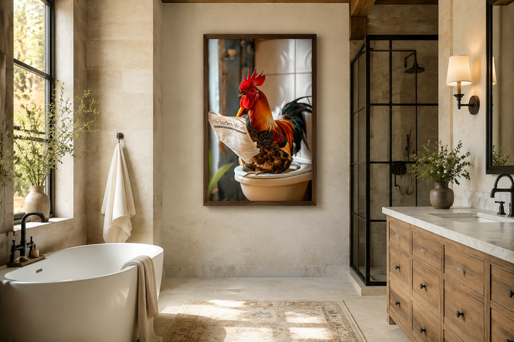 Framed canvas of a rooster on a toilet reading a newspaper in a rustic bathroom setting.