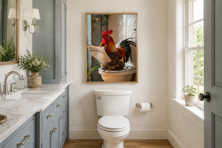 Framed canvas of a rooster sitting on a toilet reading a newspaper in a farmhouse bathroom.