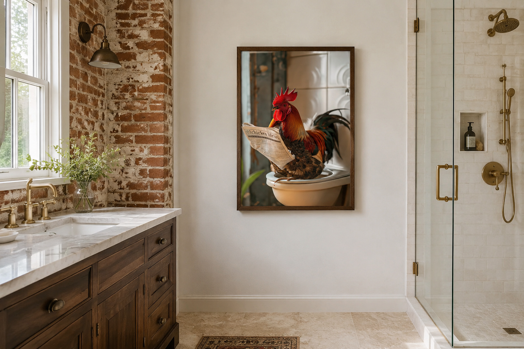 Framed canvas art of a rooster sitting on a toilet reading a newspaper in a rustic bathroom.