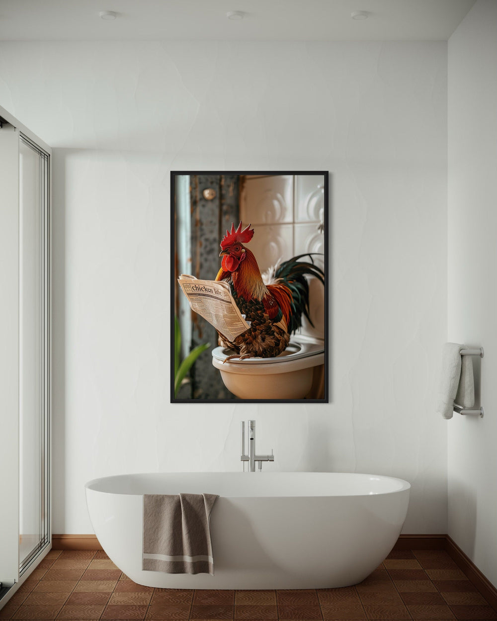 Framed canvas of a rooster reading a newspaper on a toilet, hanging in a modern white bathroom.