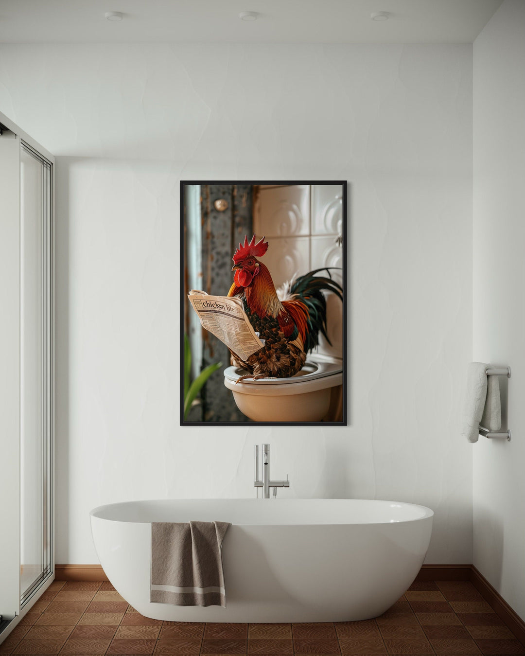 Framed canvas of a rooster reading a newspaper on a toilet, hanging in a modern white bathroom.