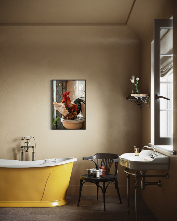 Rooster On The Toilet Reading Newspaper Framed Canvas Picture