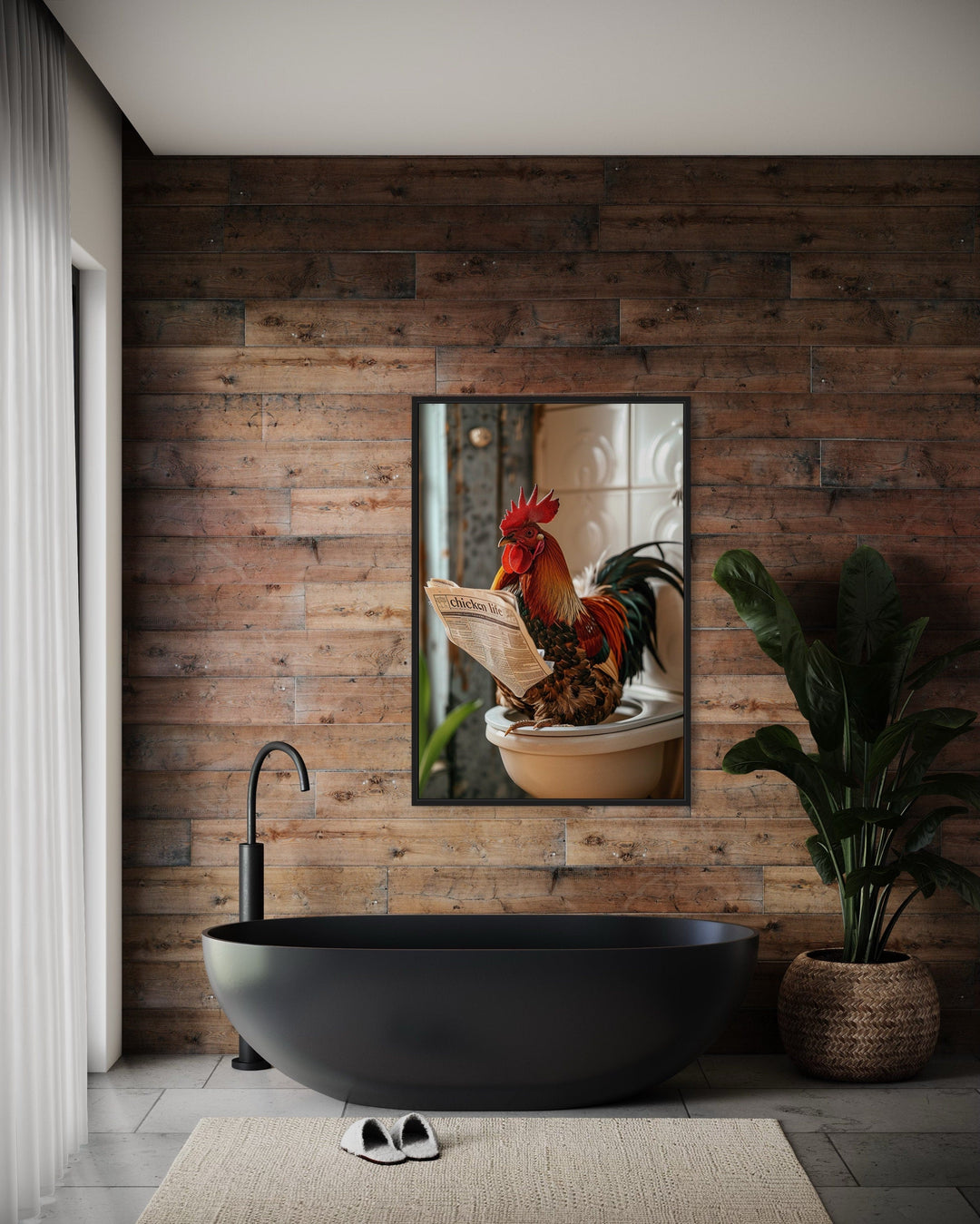 Rooster On The Toilet Reading Newspaper Framed Canvas Picture