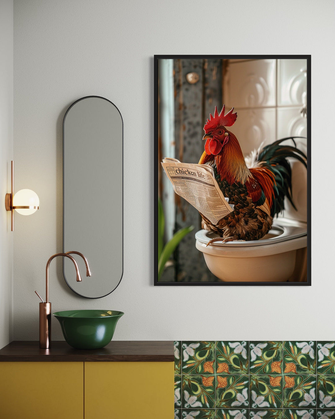 Rooster On The Toilet Reading Newspaper Framed Canvas Picture