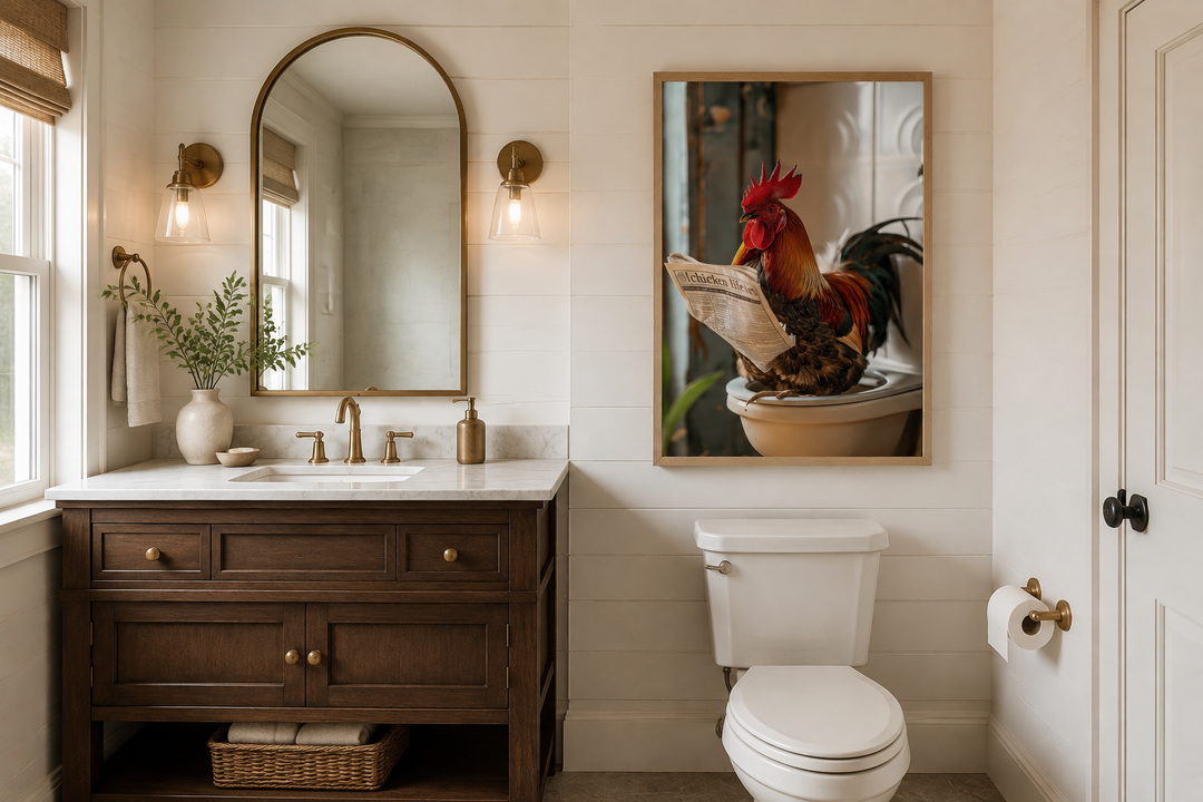 Framed canvas art of a rooster on a toilet reading a newspaper in a rustic farmhouse bathroom.
