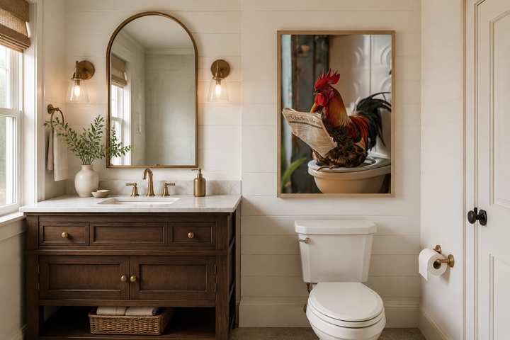 Framed canvas art of a rooster on a toilet reading a newspaper in a rustic farmhouse bathroom.