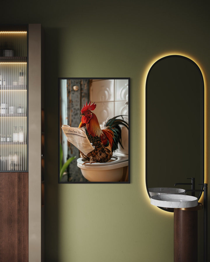 Rooster On The Toilet Reading Newspaper Framed Canvas Picture