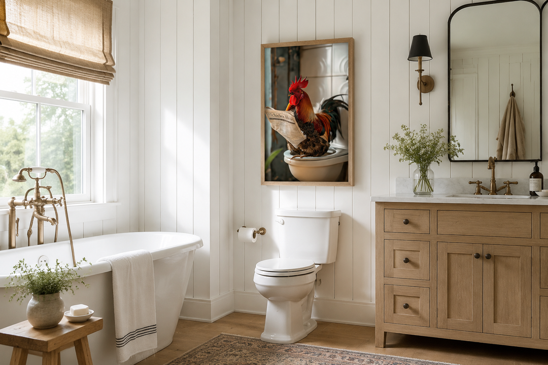 Framed canvas of a rooster reading a newspaper on a toilet in a rustic farmhouse bathroom.