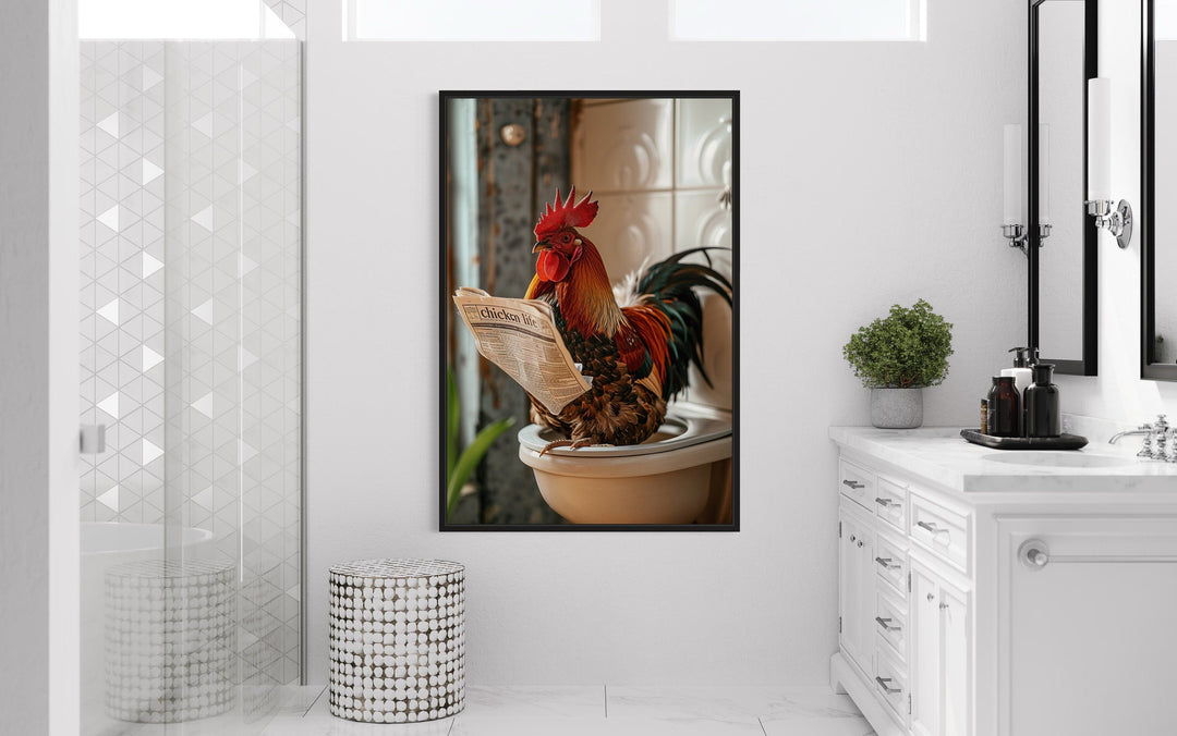 Rooster On The Toilet Reading Newspaper Framed Canvas Picture