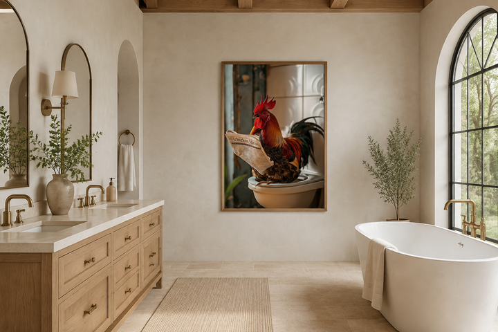 Framed canvas of a rooster reading a newspaper on a toilet in a rustic farmhouse bathroom.