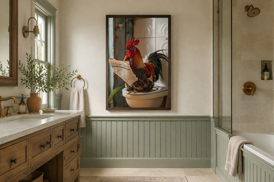 Rooster on the toilet reading a newspaper framed canvas picture in a rustic bathroom setting.