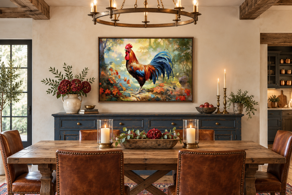 Framed colorful rooster canvas wall art hanging above a sideboard in a rustic dining room.