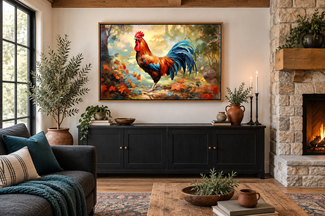 Colorful rooster painting framed farmhouse canvas wall art displayed above a black sideboard.