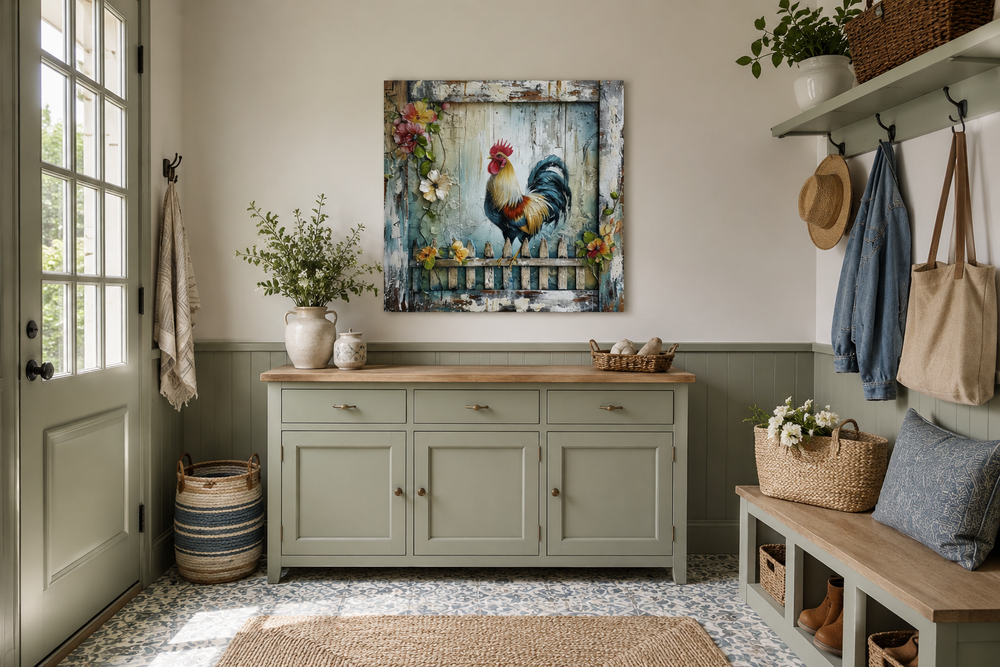 Rooster on a fence rustic farmhouse framed canvas wall art in a mudroom setting.