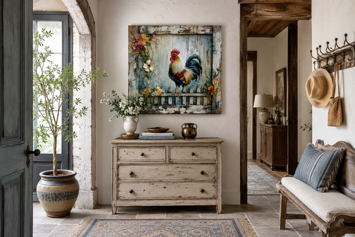 Rooster On The Fence Rustic Farmhouse Framed Canvas Wall Art displayed above a wooden dresser.