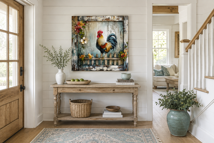 Rooster On The Fence Rustic Farmhouse Framed Canvas Wall Art in a bright entryway.