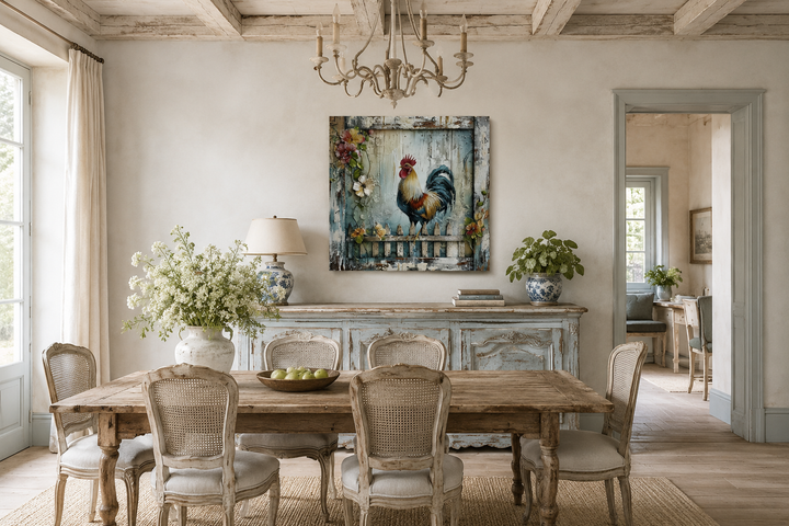 Rooster on the fence rustic farmhouse framed canvas wall art above a sideboard in a dining room.