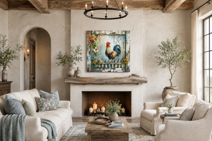 Rooster On The Fence Rustic Farmhouse Framed Canvas Wall Art displayed above a living room fireplace.