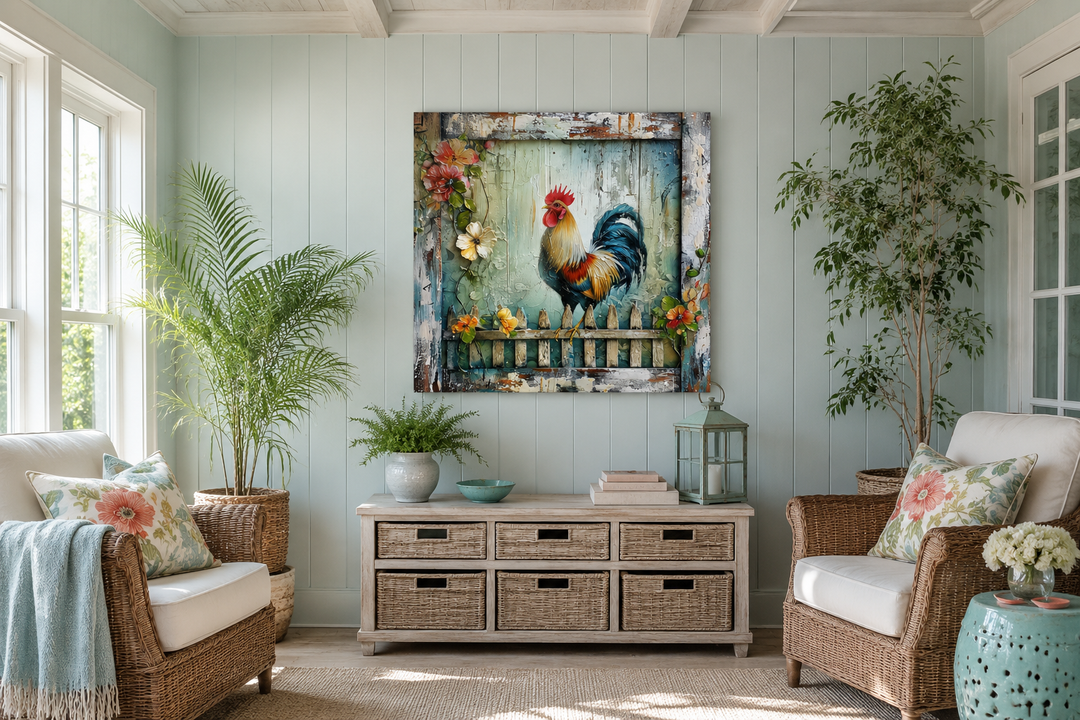 Rooster on the Fence rustic farmhouse framed canvas wall art in a sunlit living room.