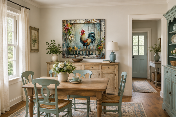 Rooster on the fence rustic farmhouse framed canvas wall art above a wooden sideboard.